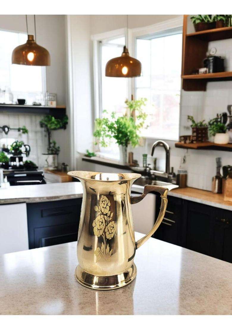 Blissful Decor Pure Brass Water Jug Flower Design Jug in Glossy Finishing 100 Brass Handmade | 1.2 L | 1.3 Qt - Indya