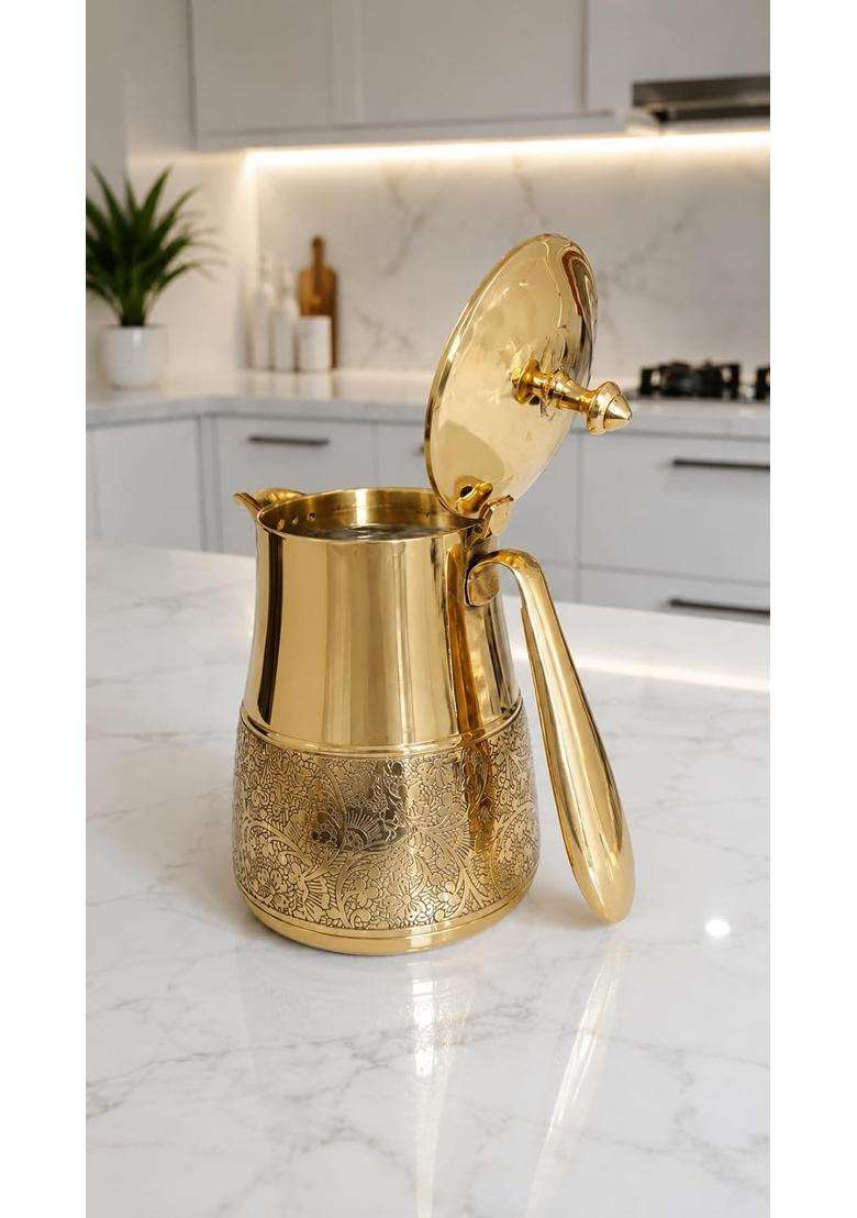 MORADABAD BRASS VILLA Brass Water Jug Kattle Embossed Design Pitcher with Lid and Handle | 2000 ml | 67.6 fl oz - Indya