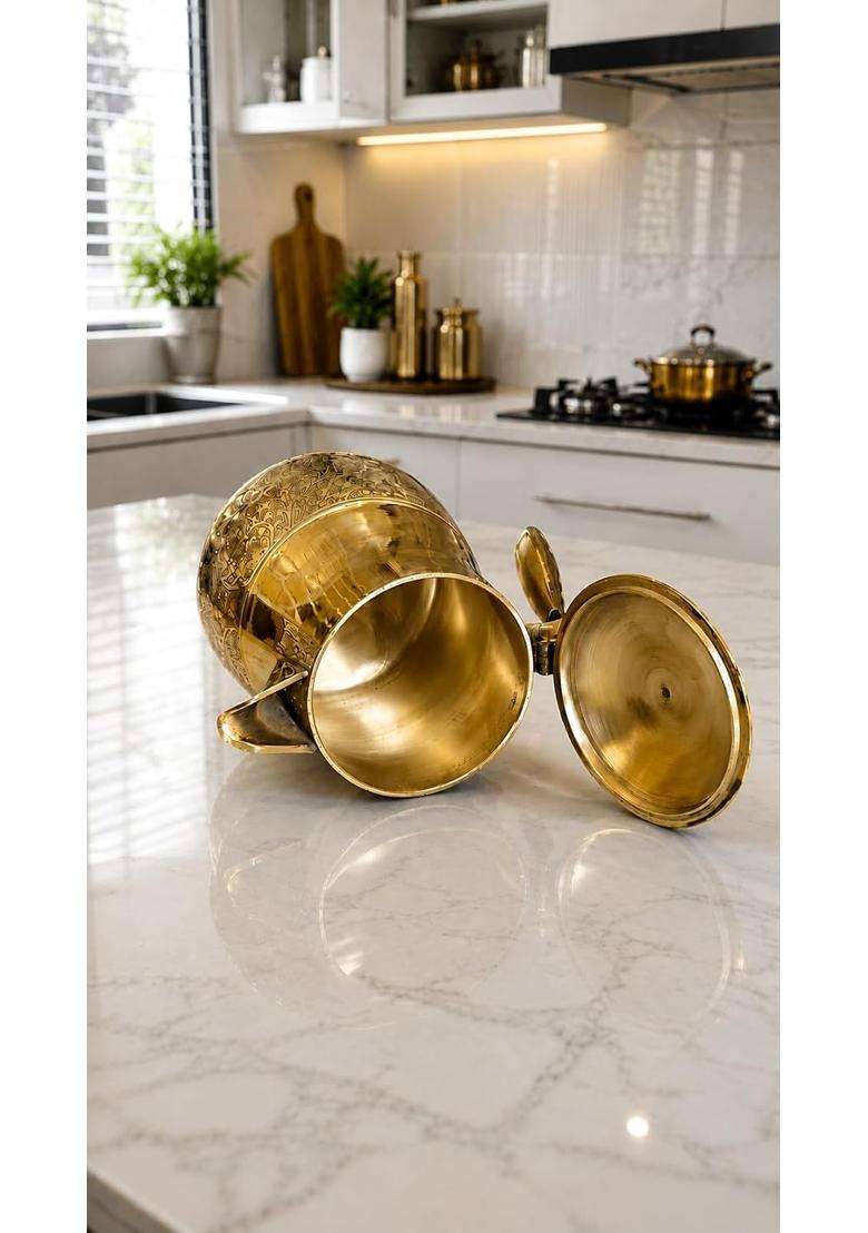 MORADABAD BRASS VILLA Brass Water Jug Kattle Embossed Design Pitcher with Lid and Handle | 2000 ml | 67.6 fl oz - Indya