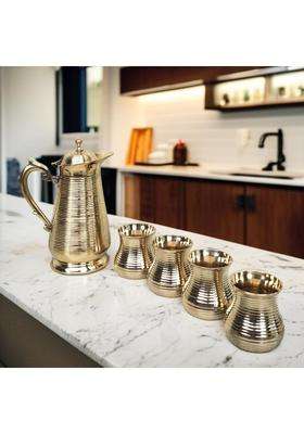 Blissful Decor Pure Brass Water Jug with Glass Small Lota Water Pot Style Tumbler for Drinking Serving | 250 ml | 8.5 fl oz | 4-Piece Set