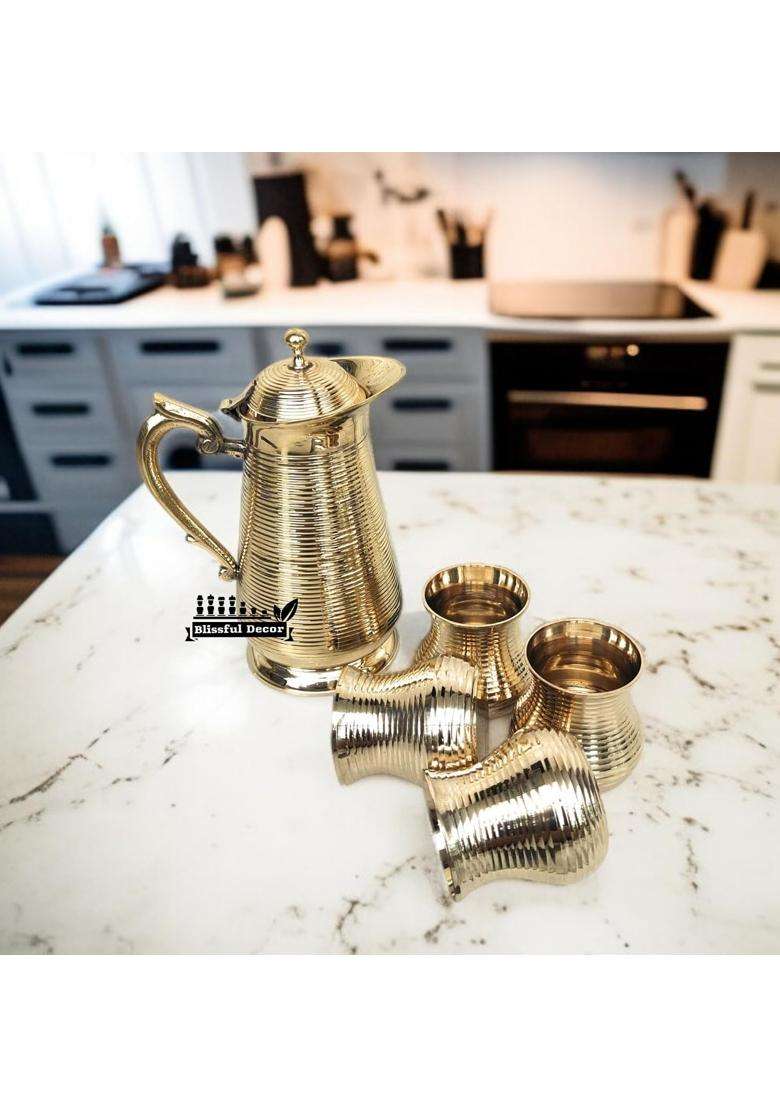 Blissful Decor Pure Brass Water Jug with Glass Small Lota Water Pot Style Tumbler for Drinking Serving | 250 ml | 8.5 fl oz | 4-Piece Set - Indya