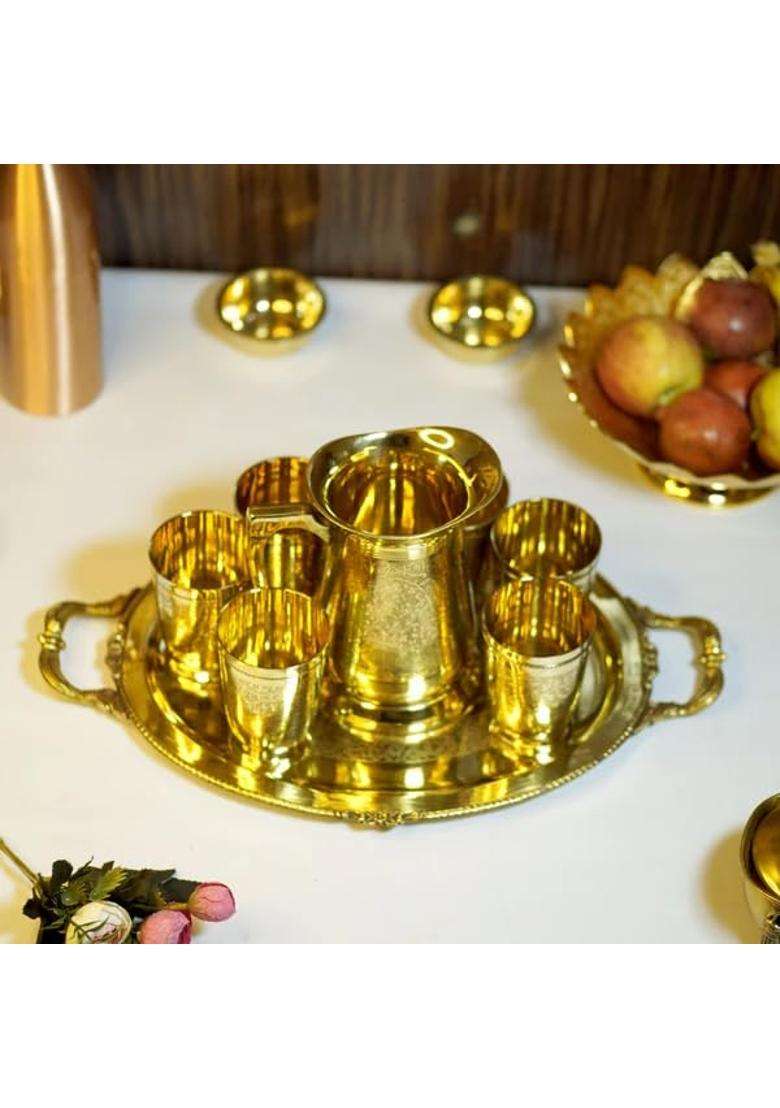Brass Globe Brass Lemonade Juice Jug with 6 Glasses and Tray - Indya