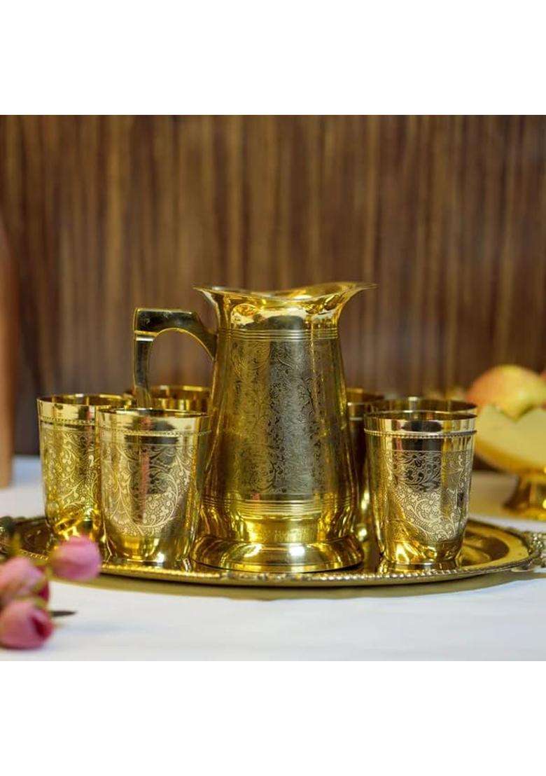 Brass Globe Brass Lemonade Juice Jug with 6 Glasses and Tray - Indya