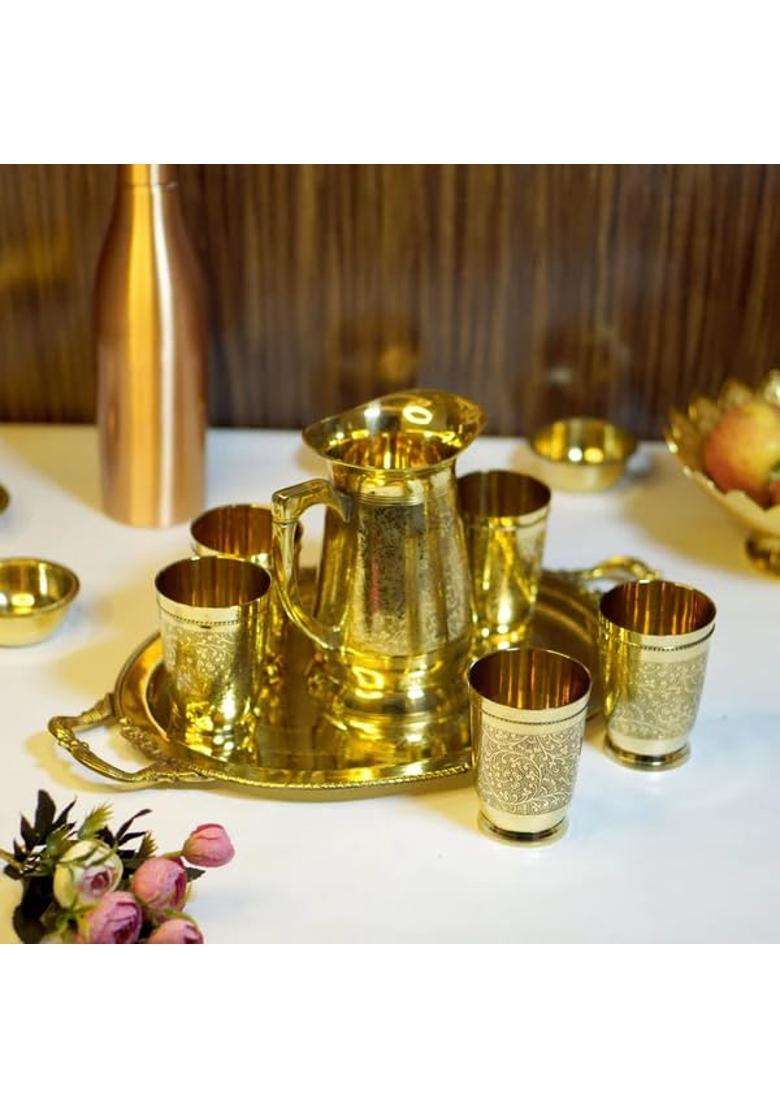 Brass Globe Brass Lemonade Juice Jug with 6 Glasses and Tray - Indya