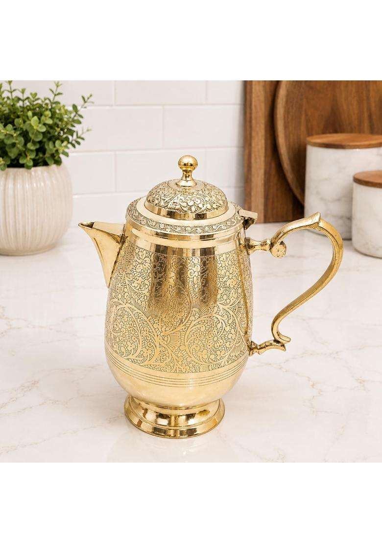 PITAL CRAFT VATIKA Brass Jug Pitcher Designer Handle Embossed Design Mughal Style for Serving | 2 L | 2.1 Qt - Indya