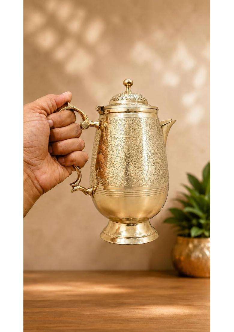 PITAL CRAFT VATIKA Brass Jug Pitcher Designer Handle Embossed Design Mughal Style for Serving | 2 L | 2.1 Qt - Indya
