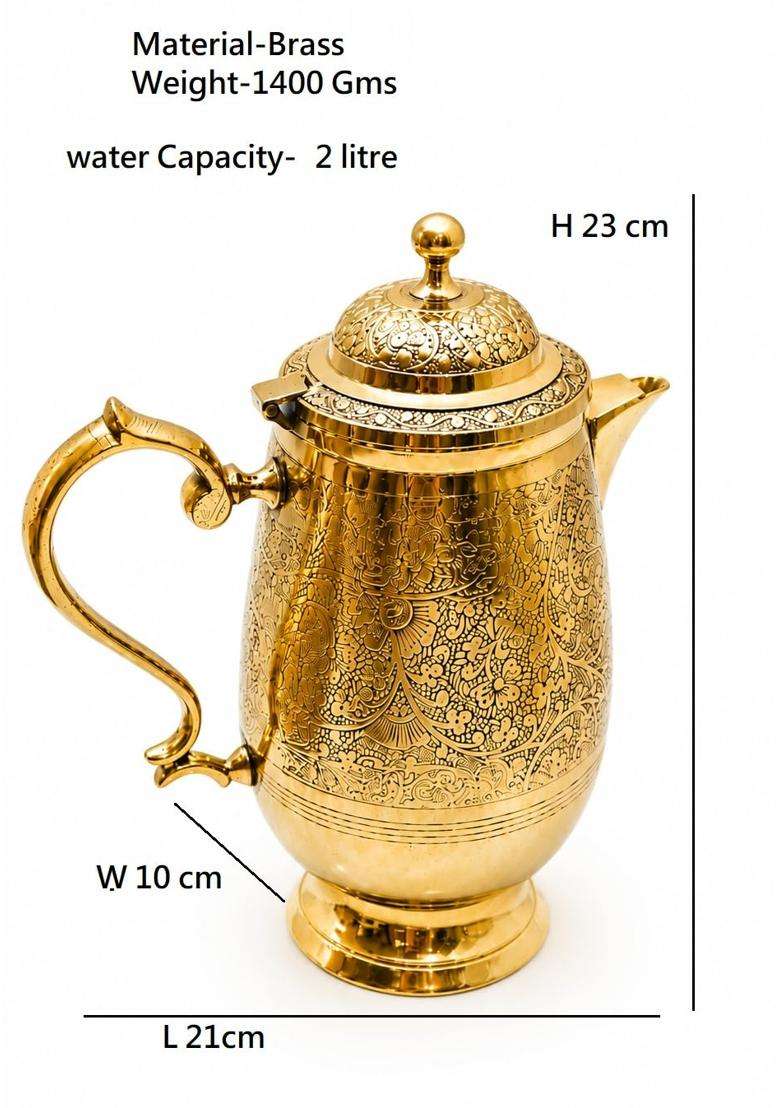 PITAL CRAFT VATIKA Brass Jug Pitcher Designer Handle Embossed Design Mughal Style for Serving | 2 L | 2.1 Qt - Indya