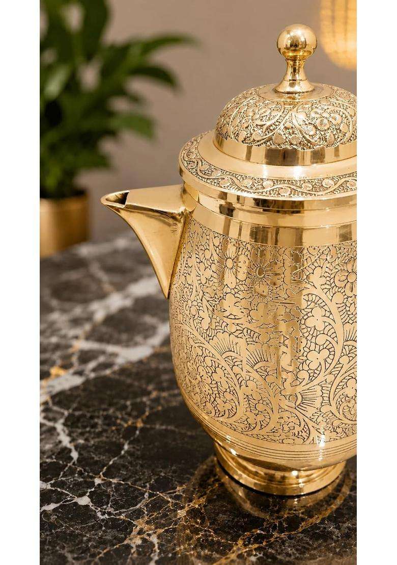 PITAL CRAFT VATIKA Brass Jug Pitcher Designer Handle Embossed Design Mughal Style for Serving | 2 L | 2.1 Qt - Indya