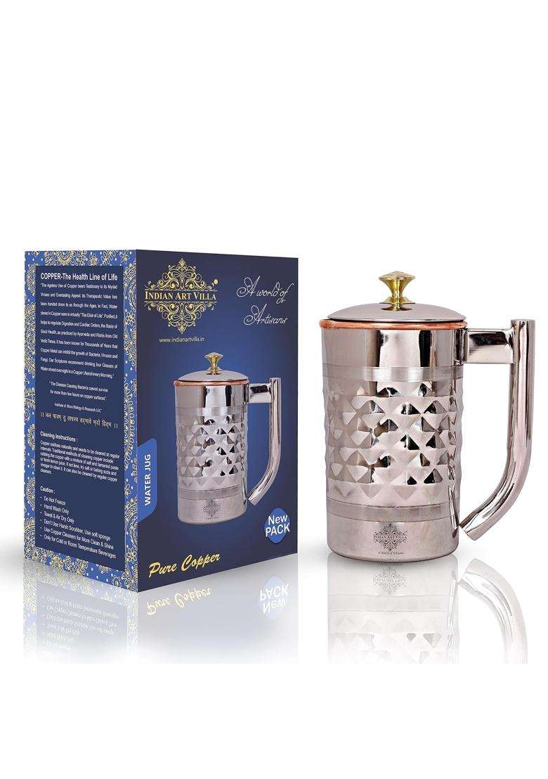 INDIAN ART VILLA Diamond Hammered Steel Copper Jug Picther with Brass Knob | 1500 ml | 50.7 fl oz - Indya