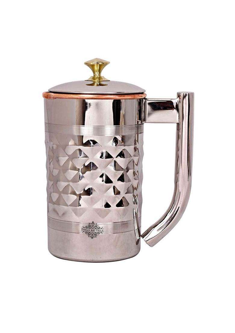 INDIAN ART VILLA Diamond Hammered Steel Copper Jug Picther with Brass Knob | 1500 ml | 50.7 fl oz - Indya