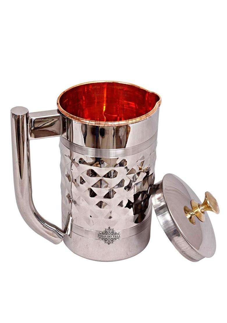 INDIAN ART VILLA Diamond Hammered Steel Copper Jug Picther with Brass Knob | 1500 ml | 50.7 fl oz - Indya