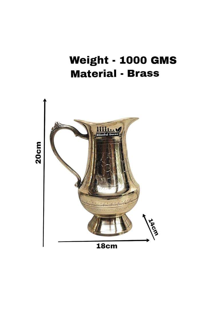 Blissful Decor Pure Brass Water Jug Brass Design Jug in Glossy Finishing 100 Brass Handmade | 1.2 L | 1.3 Qt - Indya