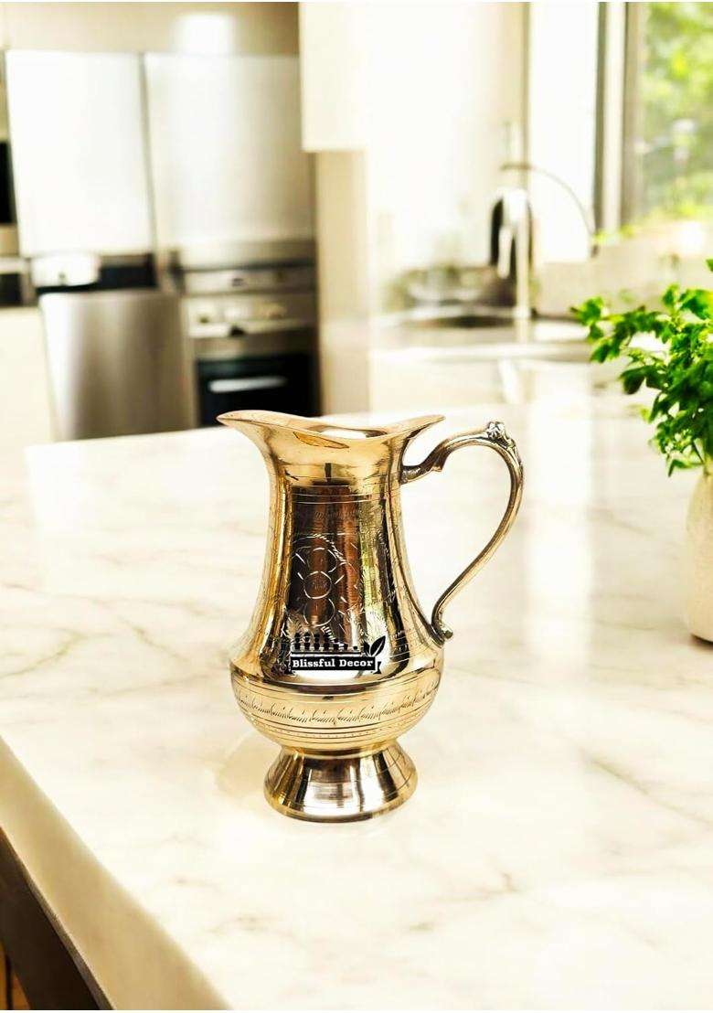 Blissful Decor Pure Brass Water Jug Brass Design Jug in Glossy Finishing 100 Brass Handmade | 1.2 L | 1.3 Qt - Indya