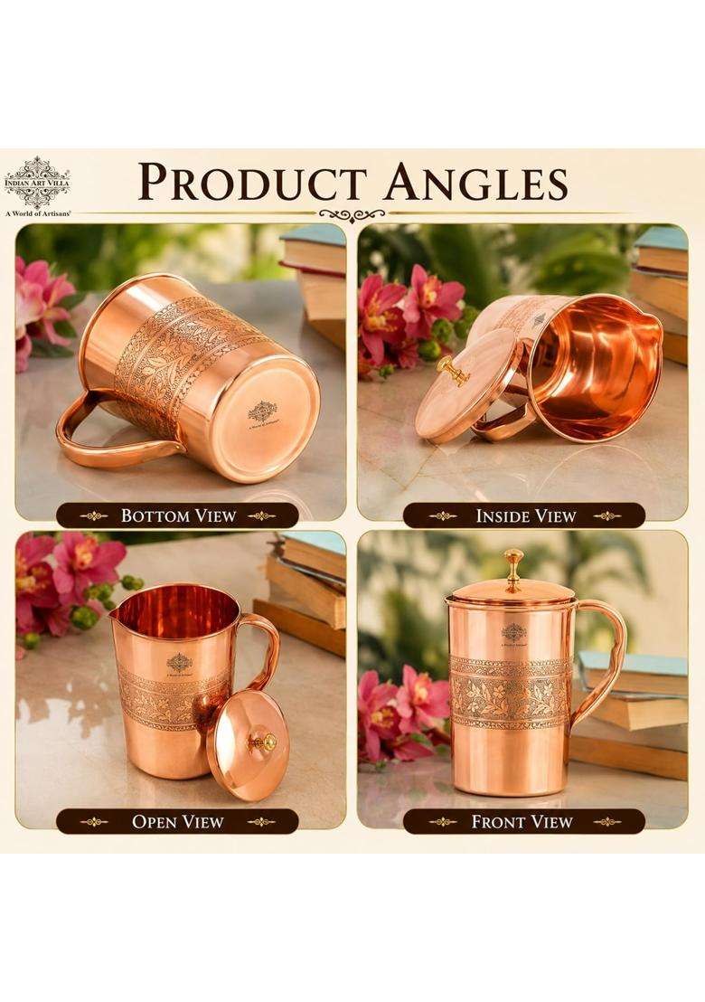 INDIAN ART VILLA Copper Jug Pitcher Embossed Design | 2 L | 2.1 Qt - Indya