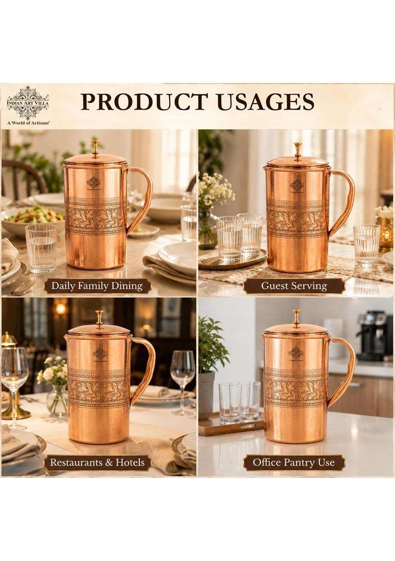 INDIAN ART VILLA Copper Jug Pitcher Embossed Design | 2 L | 2.1 Qt - Indya