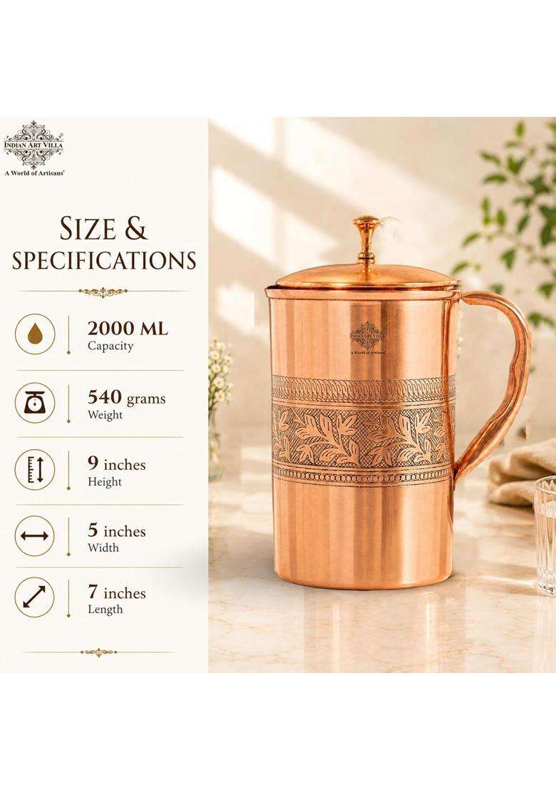 INDIAN ART VILLA Copper Jug Pitcher Embossed Design | 2 L | 2.1 Qt - Indya