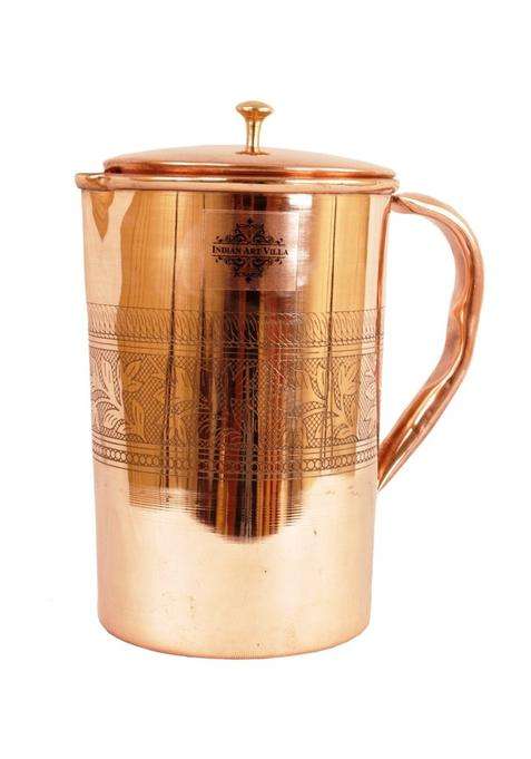 INDIAN ART VILLA Copper Jug Pitcher Embossed Design | 2 L | 2.1 Qt