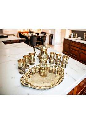Blissful Decor Embosed Finish Brass Mughalai Jug with 6 Brass Glasses and Serving Tray Pital