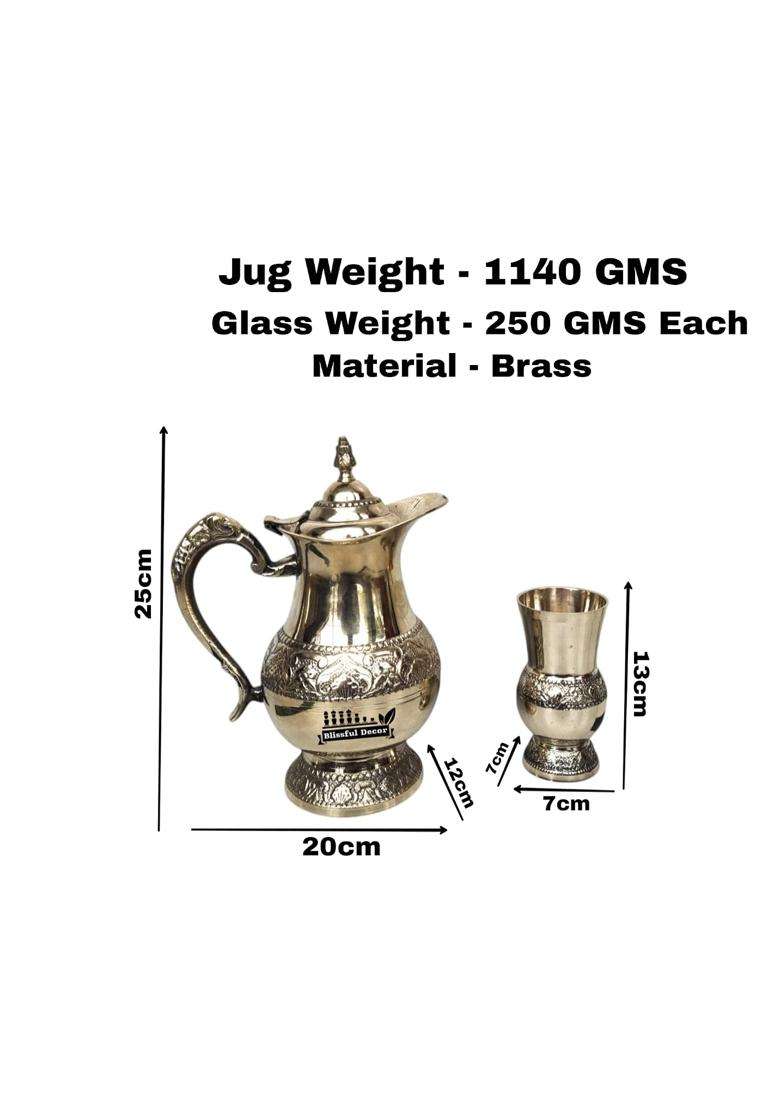 Blissful Decor Embosed Finish Brass Mughalai Jug with 6 Brass Glasses and Serving Tray Pital - Indya