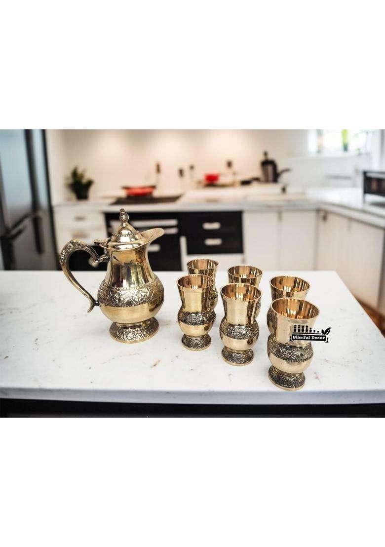 Blissful Decor Embosed Finish Brass Mughalai Jug with 6 Brass Glasses and Serving Tray Pital - Indya