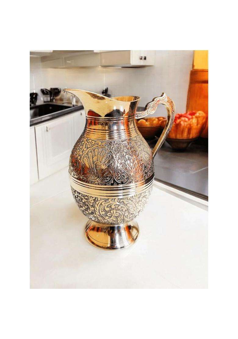 MORADABAD BRASS VILLA Brass Jug Pitcher Designer Embossed Design Mughal Style for Serving Drinking | 2 L | 2.1 Qt - Indya
