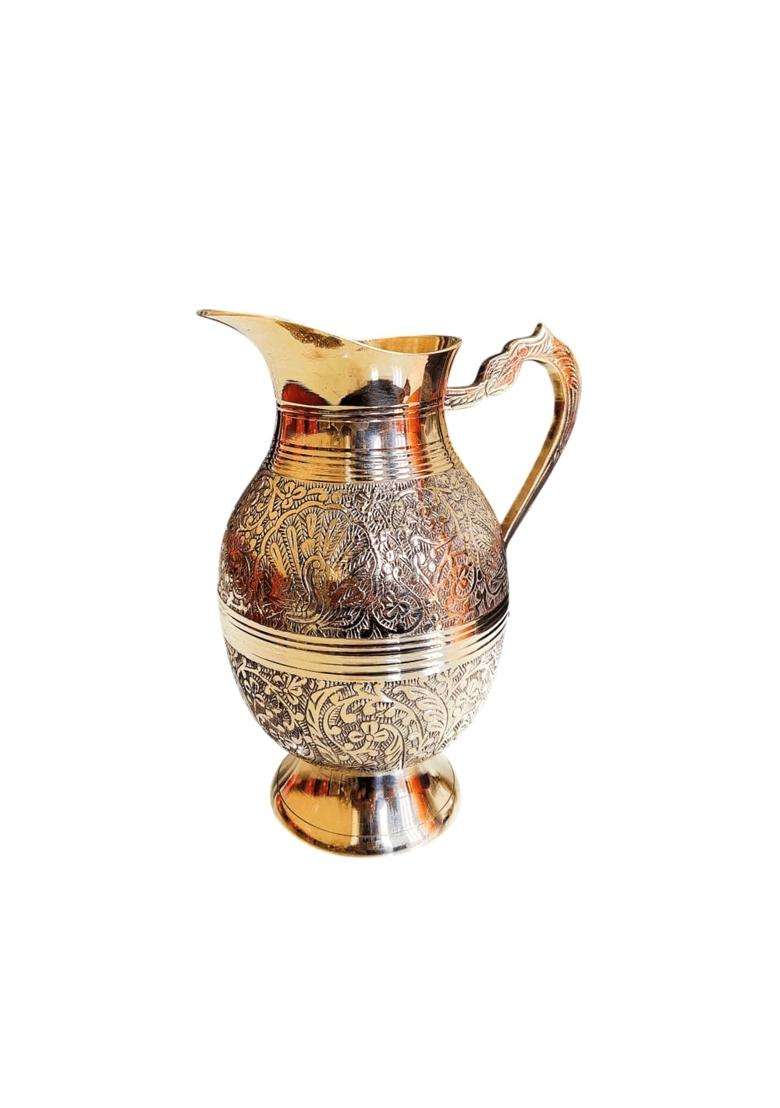 MORADABAD BRASS VILLA Brass Jug Pitcher Designer Embossed Design Mughal Style for Serving Drinking | 2 L | 2.1 Qt - Indya
