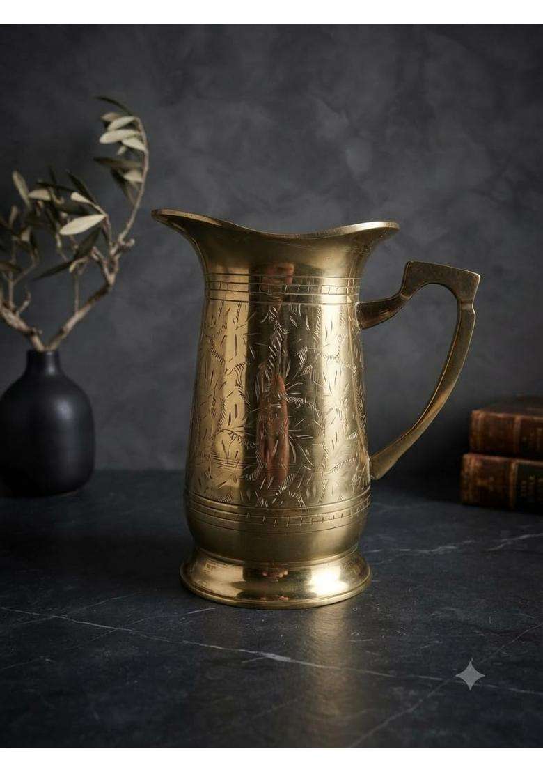 SHAAN mfg. Brass Jug with Embossed Engraved Floral Design | 2 L | 2.1 Qt - Indya