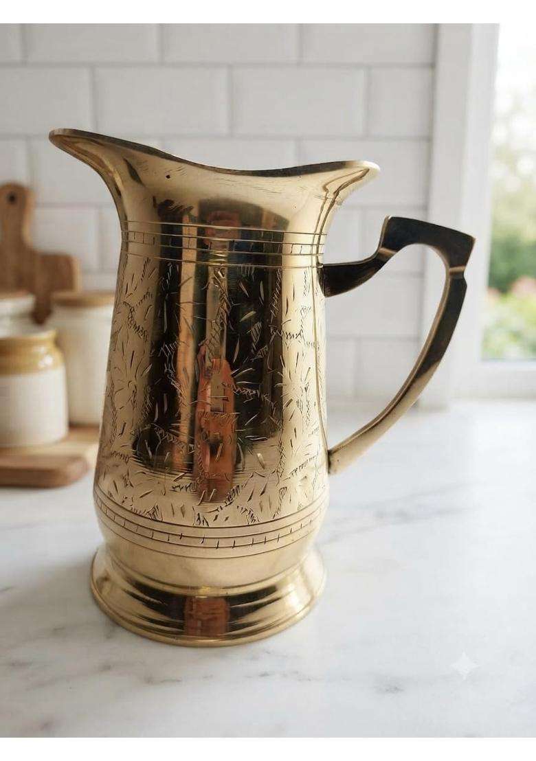 SHAAN mfg. Brass Jug with Embossed Engraved Floral Design | 2 L | 2.1 Qt - Indya