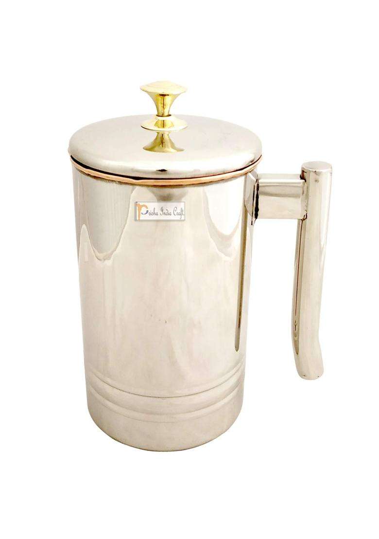 Prisha India Craft Pure Copper Water Jug Pitcher with Brass Knob Outside Steel | 1500 ml | 50.7 fl oz - Indya