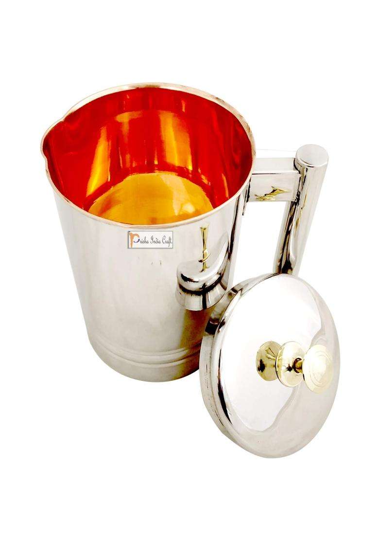 Prisha India Craft Pure Copper Water Jug Pitcher with Brass Knob Outside Steel | 1500 ml | 50.7 fl oz - Indya