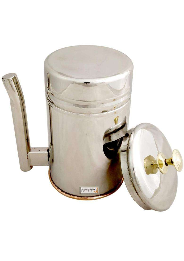 Prisha India Craft Pure Copper Water Jug Pitcher with Brass Knob Outside Steel | 1500 ml | 50.7 fl oz - Indya
