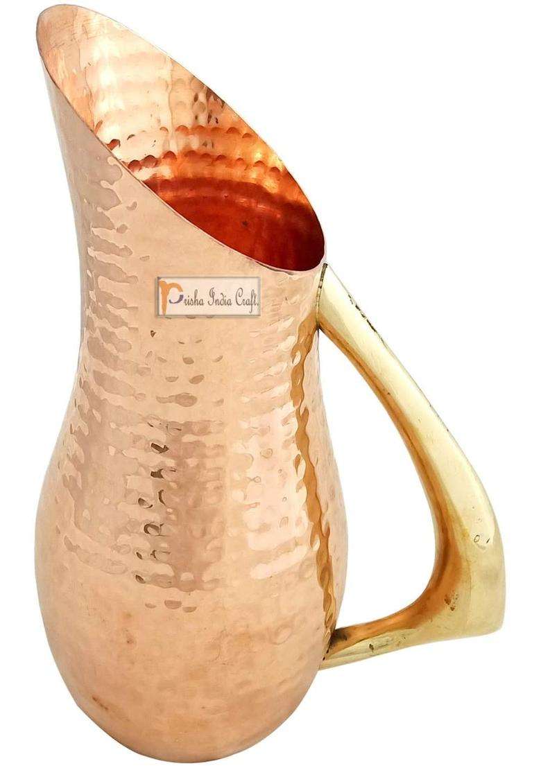Prisha India Craft Pure Copper Jug Pitcher | 1200 ml | 40.6 fl oz | Hammered Finish - Indya