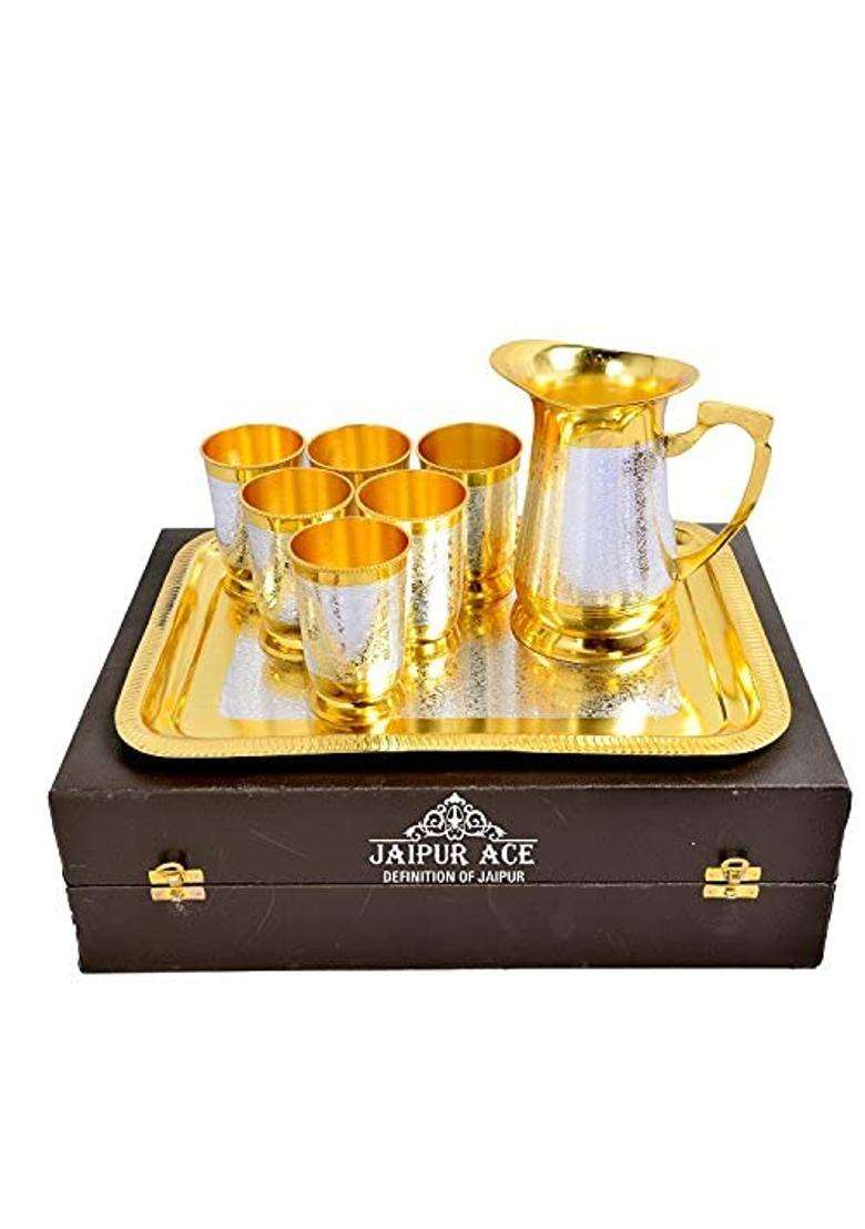 JAIPUR ACE Silver and Gold Plated Pure Brass Water Glass Set with Jug and Tray - Indya