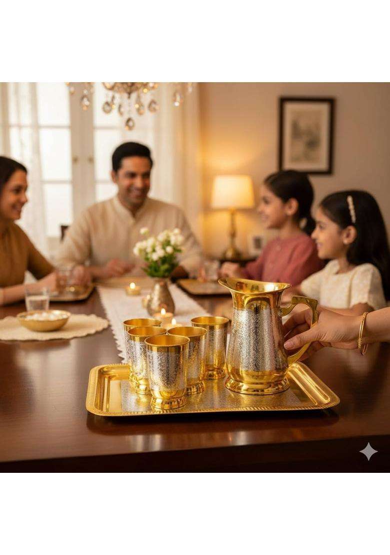 JAIPUR ACE Silver and Gold Plated Pure Brass Water Glass Set with Jug and Tray - Indya