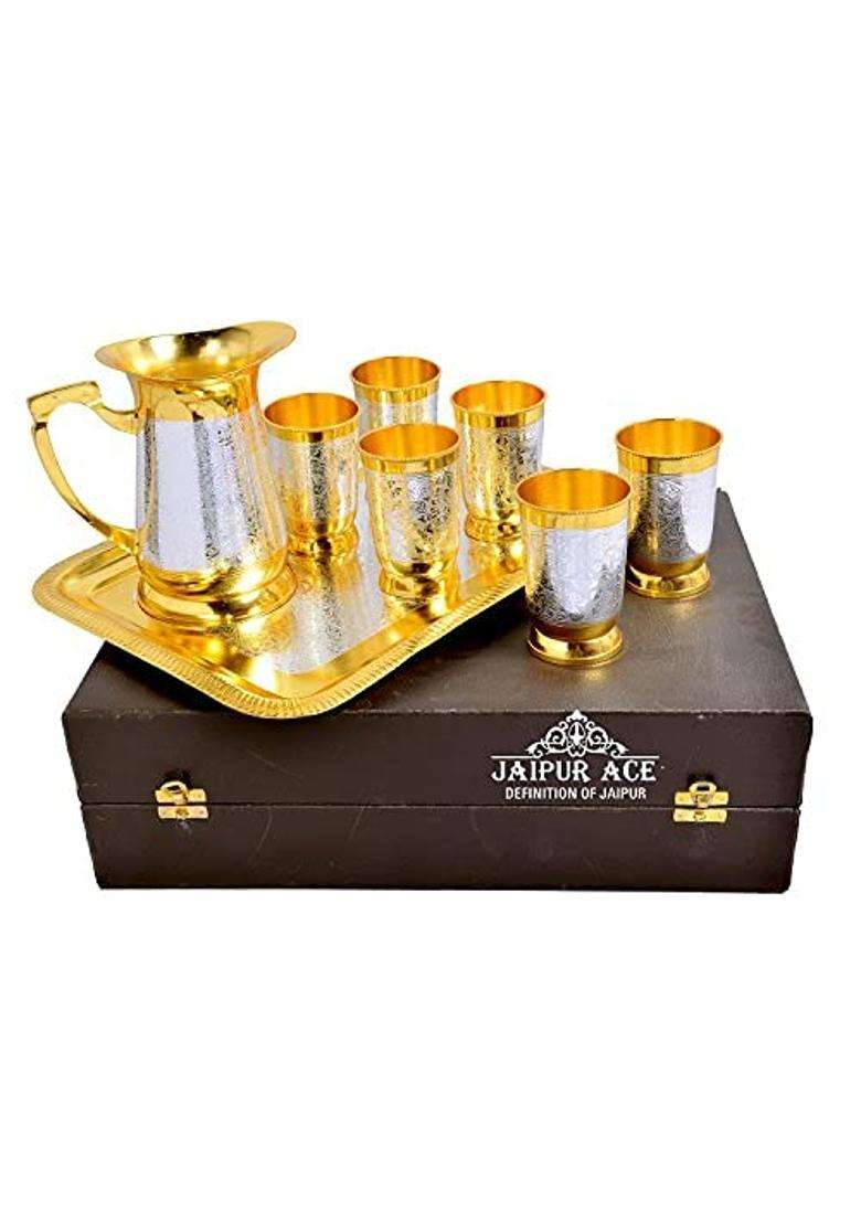 JAIPUR ACE Silver and Gold Plated Pure Brass Water Glass Set with Jug and Tray - Indya