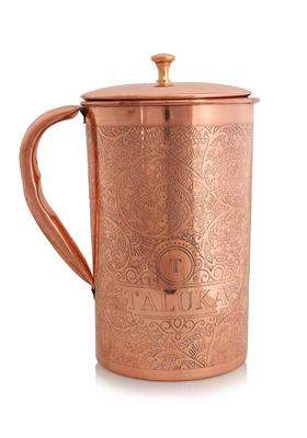 Taluka With T Logo Taluka Pure Copper Etching Embossed Jug Pitcher with Brass Knob Drinkware | 2000 ml | 67.6 fl oz