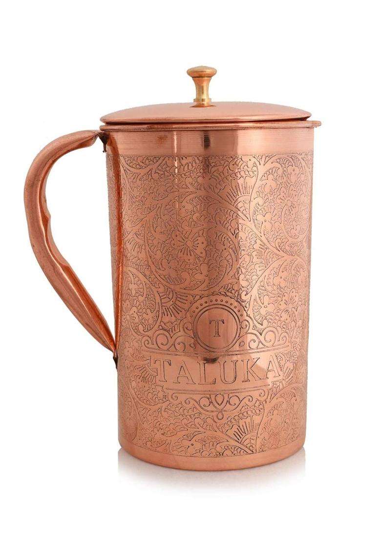 Taluka With T Logo Taluka Pure Copper Etching Embossed Jug Pitcher with Brass Knob Drinkware | 2000 ml | 67.6 fl oz - Indya