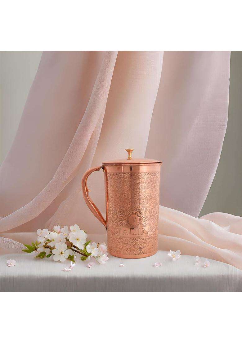 Taluka With T Logo Taluka Pure Copper Etching Embossed Jug Pitcher with Brass Knob Drinkware | 2000 ml | 67.6 fl oz - Indya
