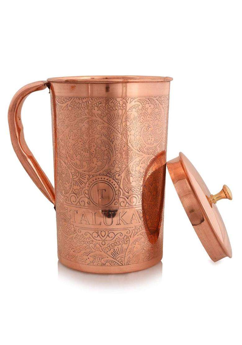 Taluka With T Logo Taluka Pure Copper Etching Embossed Jug Pitcher with Brass Knob Drinkware | 2000 ml | 67.6 fl oz - Indya