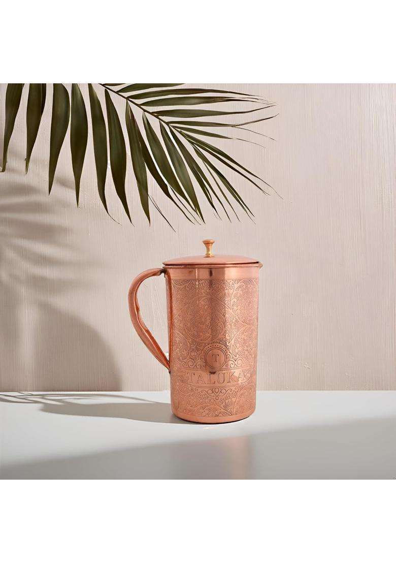 Taluka With T Logo Taluka Pure Copper Etching Embossed Jug Pitcher with Brass Knob Drinkware | 2000 ml | 67.6 fl oz - Indya