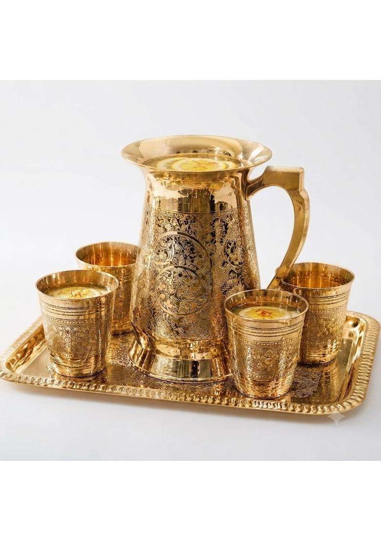 SHAAN mfg. Brass Classic Etching Jug Set with 4 Glasses and Serving Tray | 1.5 L | 1.6 Qt - Indya