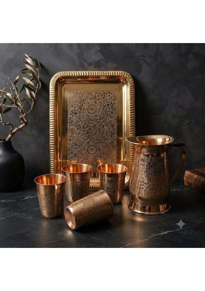 SHAAN mfg. Brass Classic Etching Jug Set with 4 Glasses and Serving Tray | 1.5 L | 1.6 Qt - Indya