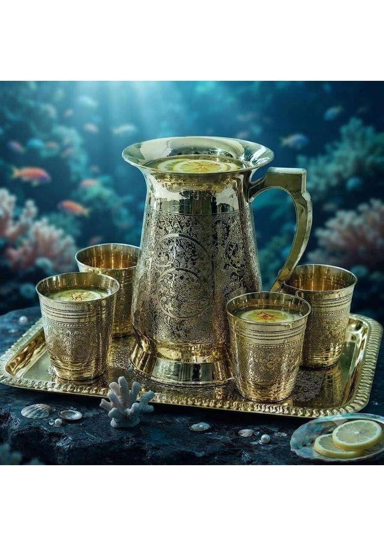 SHAAN mfg. Brass Classic Etching Jug Set with 4 Glasses and Serving Tray | 1.5 L | 1.6 Qt - Indya
