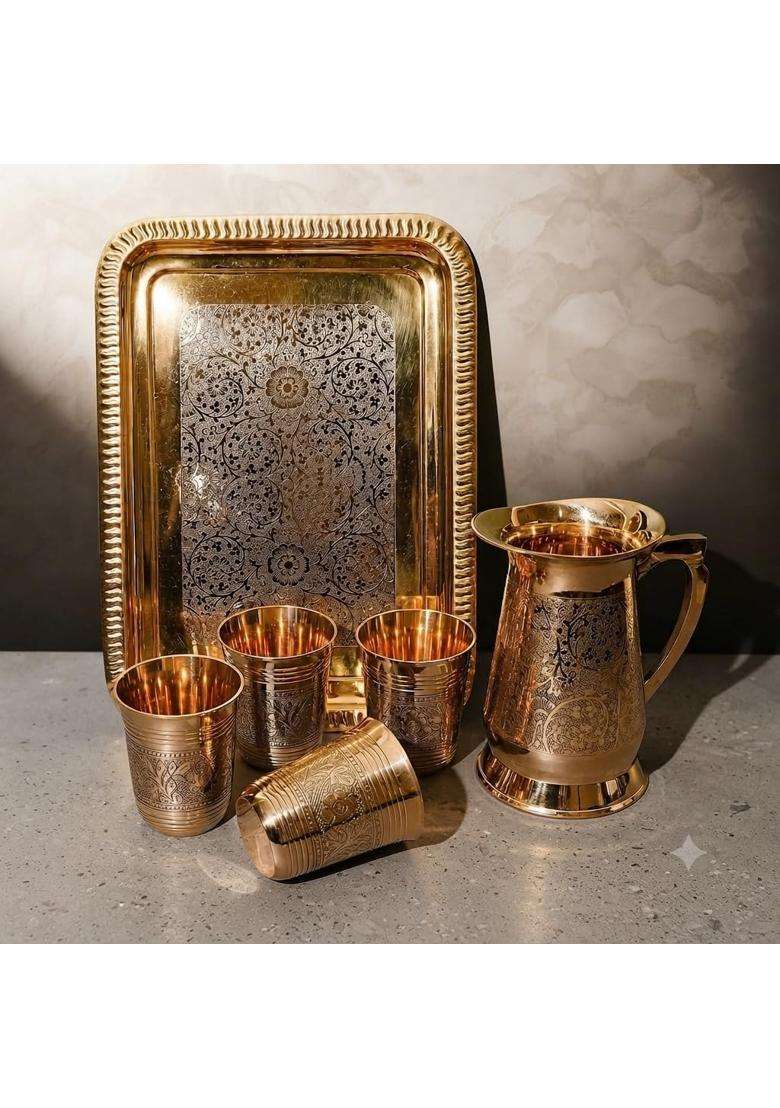 SHAAN mfg. Brass Classic Etching Jug Set with 4 Glasses and Serving Tray | 1.5 L | 1.6 Qt - Indya