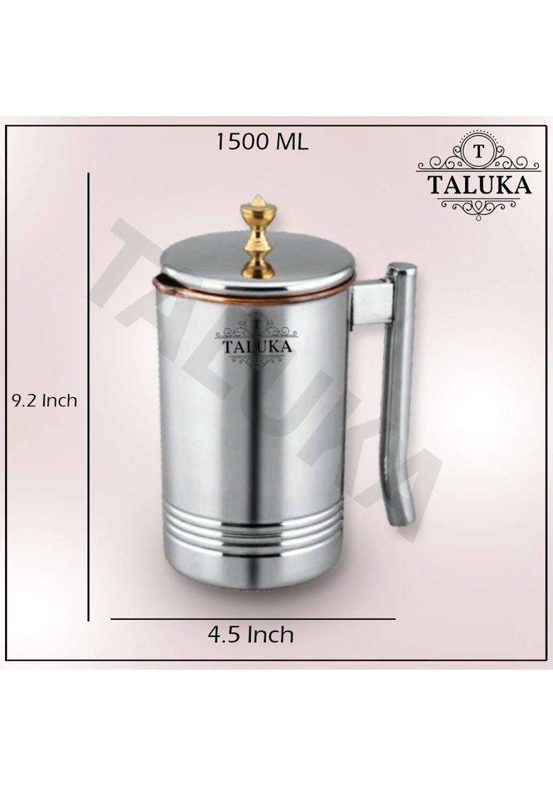 Taluka With T Logo Taluka Handmade Copper Steel Jug with Brass Knob Drinkware for Storage Gift | 1500 ml | 50.7 fl oz - Indya