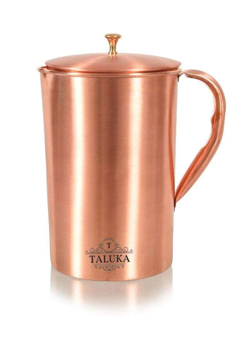 Taluka With T Logo Taluka Plain Matt Copper Jug Pitcher with Brass Knob Drinkware Storage Serving | 1500 ml | 50.7 fl oz - Indya
