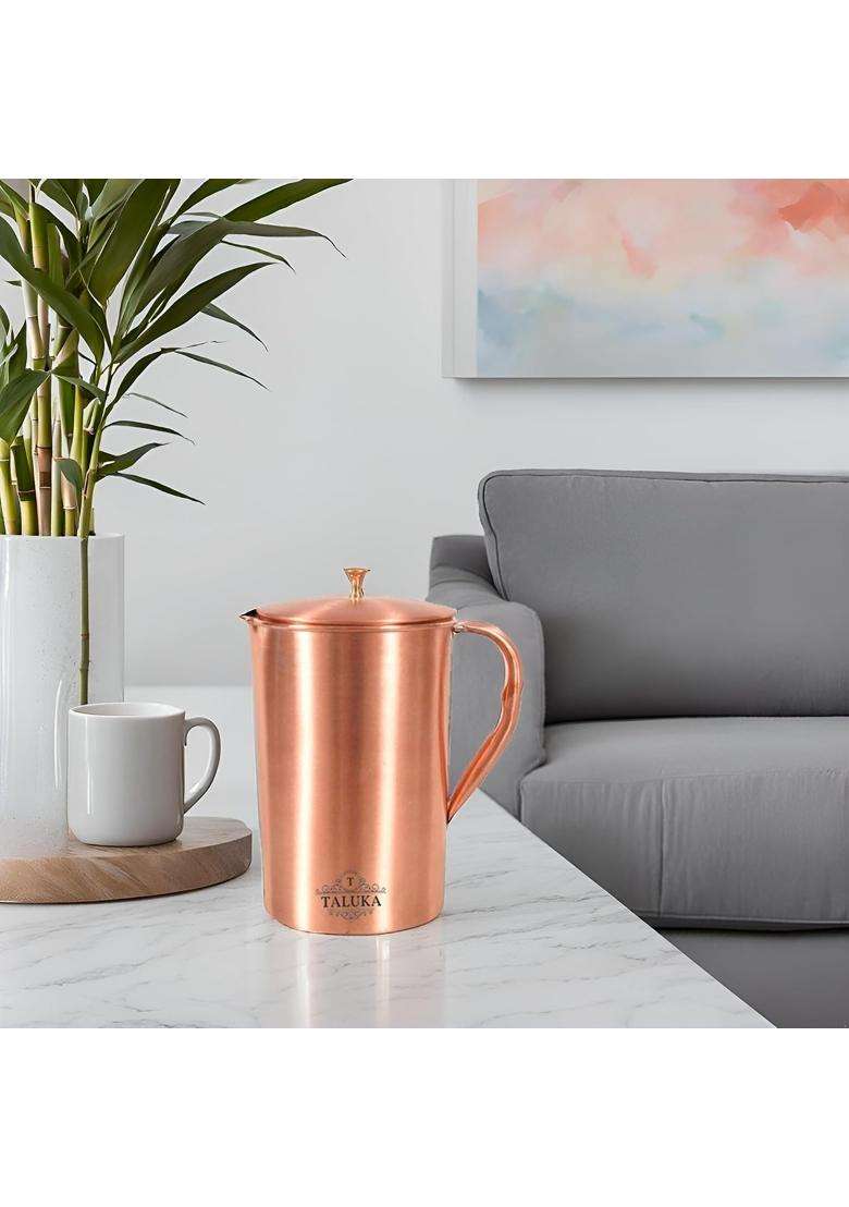 Taluka With T Logo Taluka Plain Matt Copper Jug Pitcher with Brass Knob Drinkware Storage Serving | 1500 ml | 50.7 fl oz - Indya