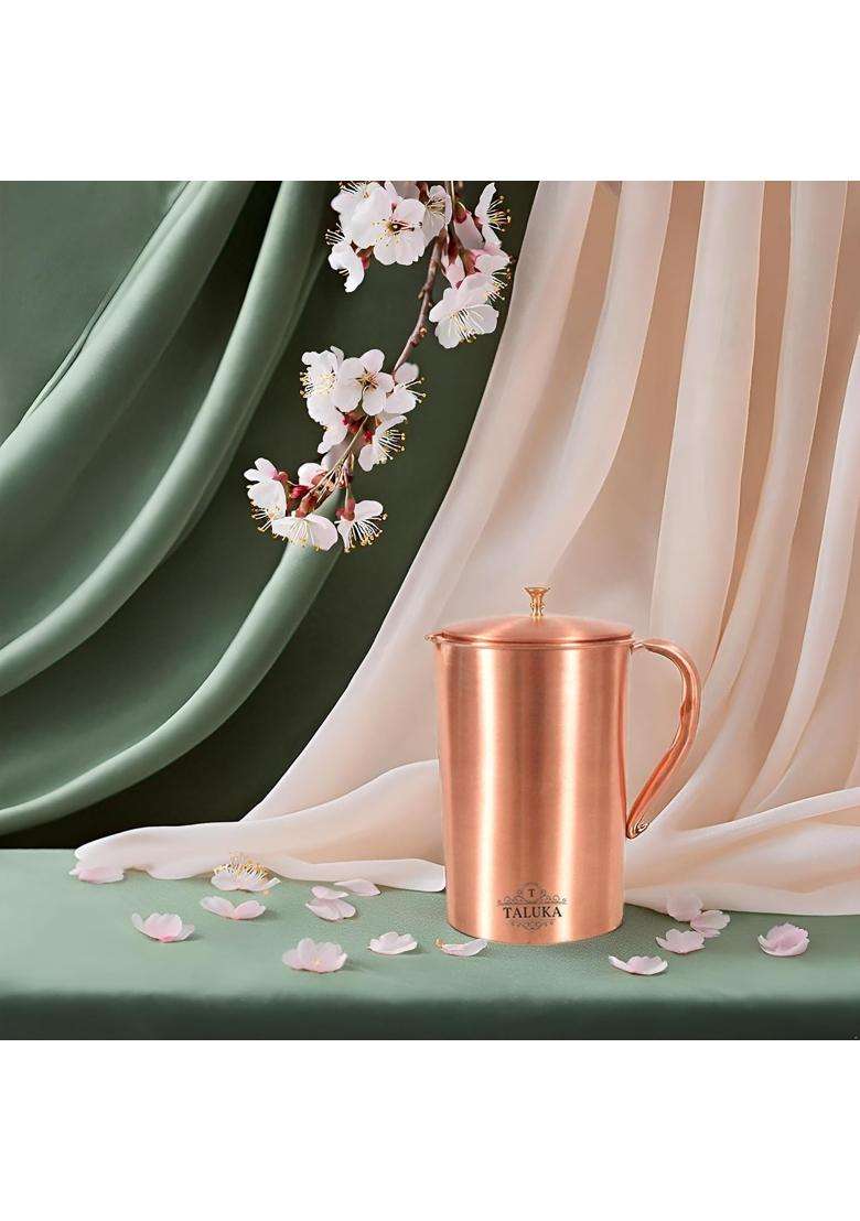 Taluka With T Logo Taluka Plain Matt Copper Jug Pitcher with Brass Knob Drinkware Storage Serving | 1500 ml | 50.7 fl oz - Indya