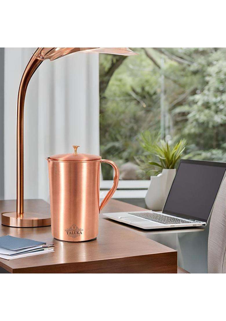 Taluka With T Logo Taluka Plain Matt Copper Jug Pitcher with Brass Knob Drinkware Storage Serving | 1500 ml | 50.7 fl oz - Indya