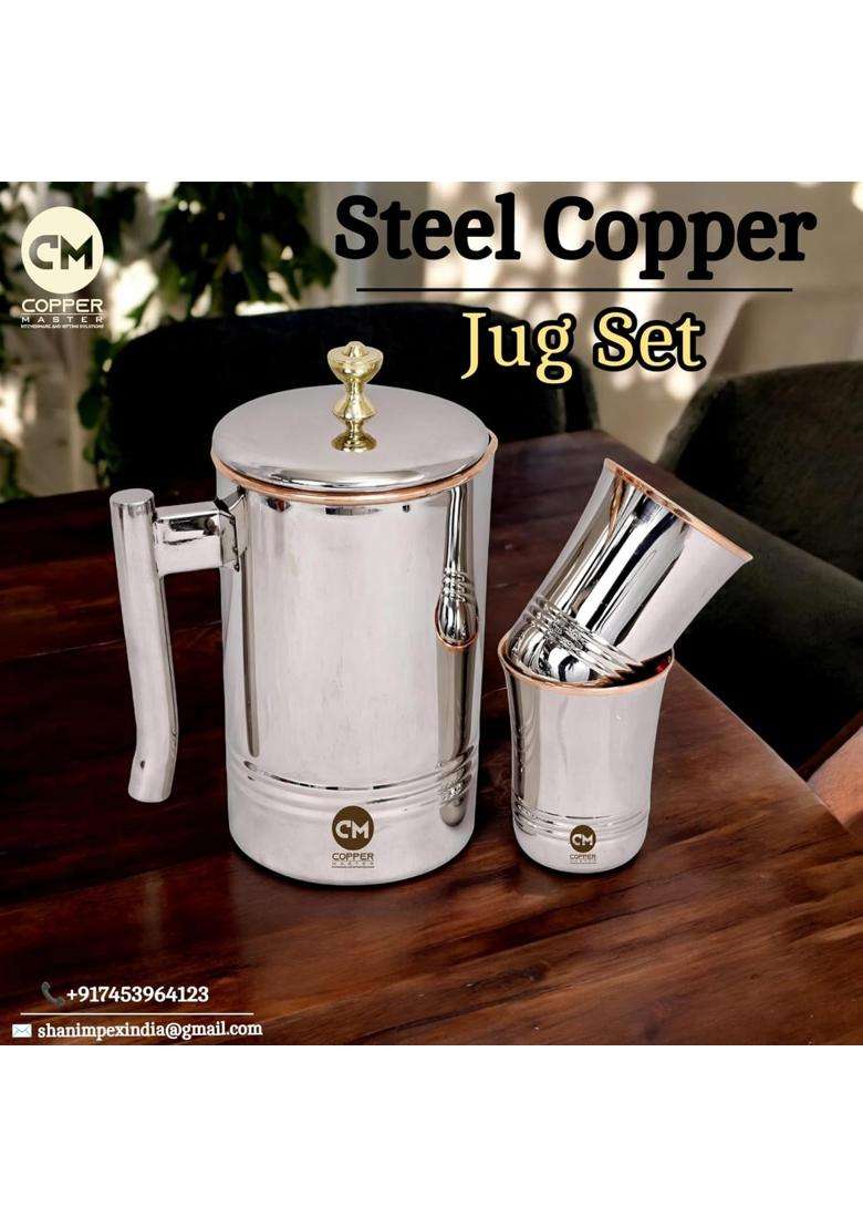 Copper-Master Copper Steel Premium Jug Set with Brass Knob 1 Jug and 2 Pari Glasses with Box | 1500 ml | 50.7 fl oz - Indya